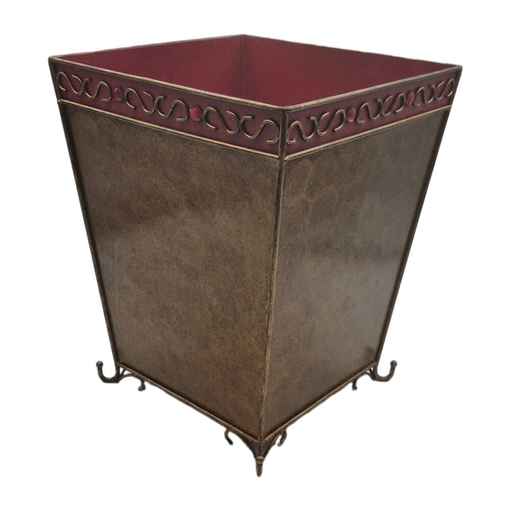 Vtg Decorative Metal Square Wastebasket Scrolled Feet Burnished Gold Deep Red